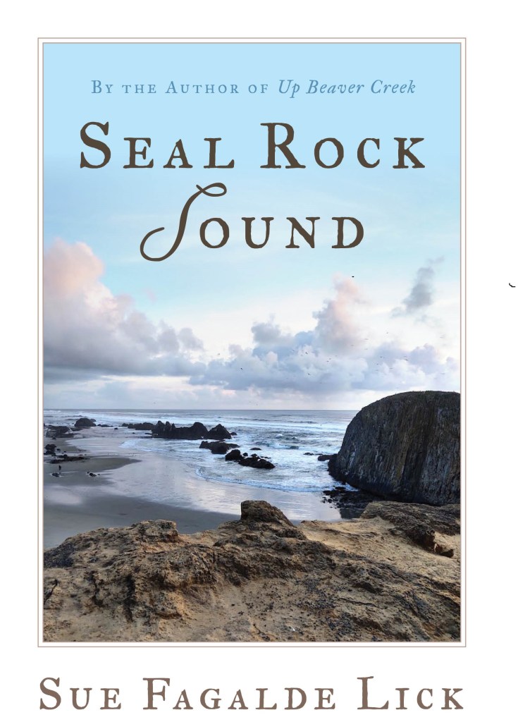 Book cover for the novel Seal Rock Sound features an ocean scene with black rocks and fluffy white clouds tinged with orange.
